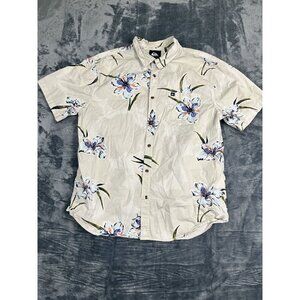 Quiksilver Mens XL Floral Print Short Sleeve Beige With Blue & Orange Flowers